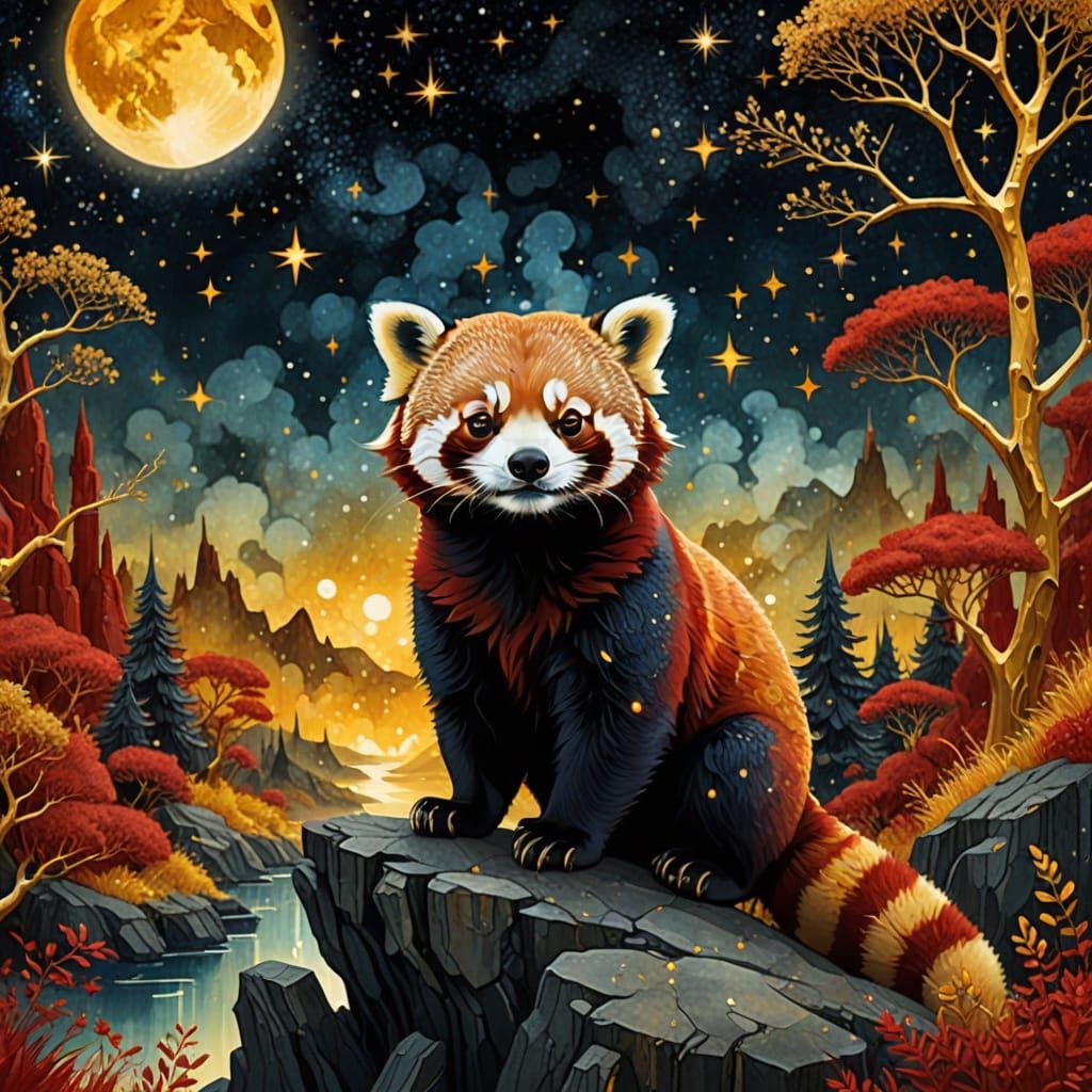 Fantasy Red Panda Queen in Cosmic Landscape