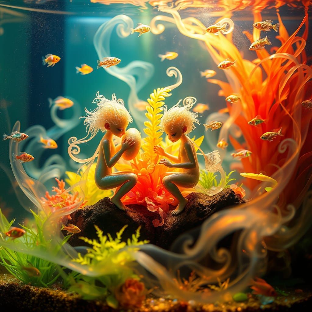 Whimsical Miniature Humans in Lush Aquatic World