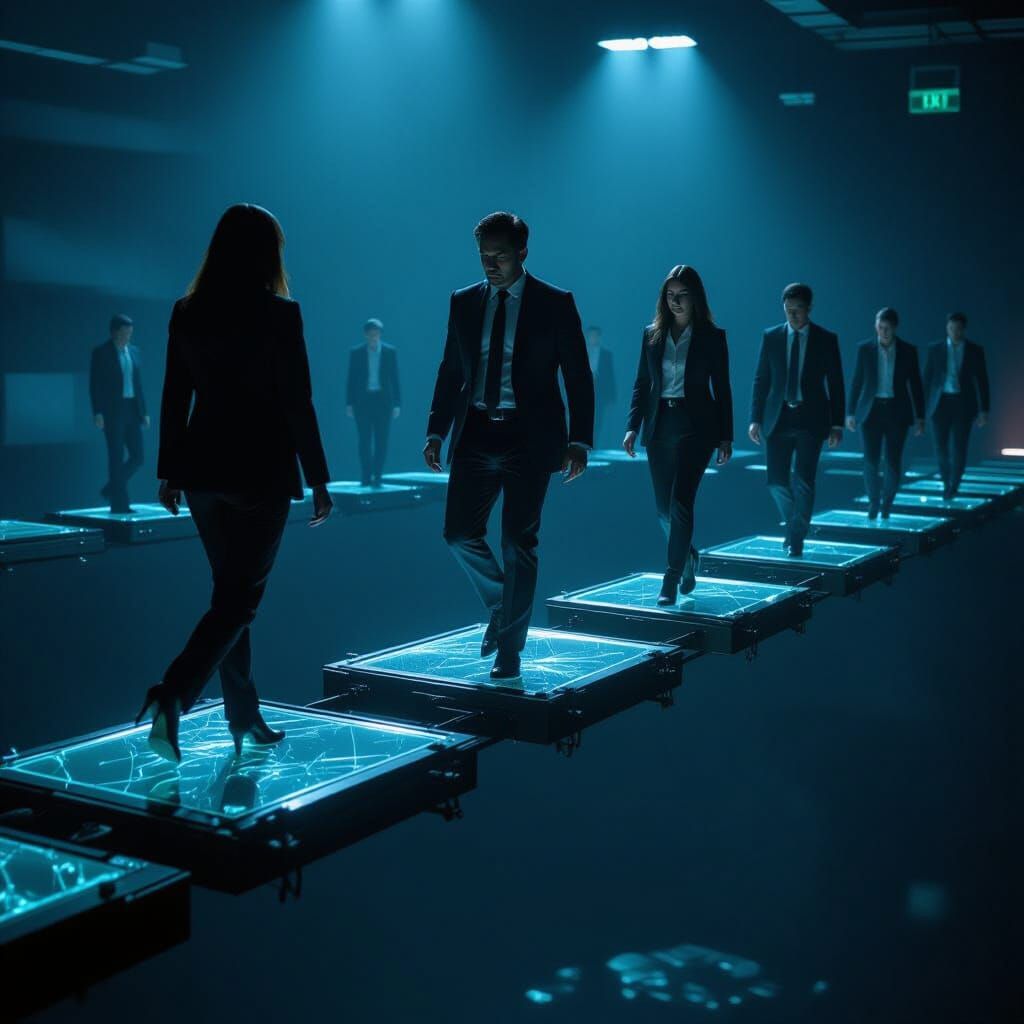 Tense Walkway Over Abyss in Dystopian Thriller Style