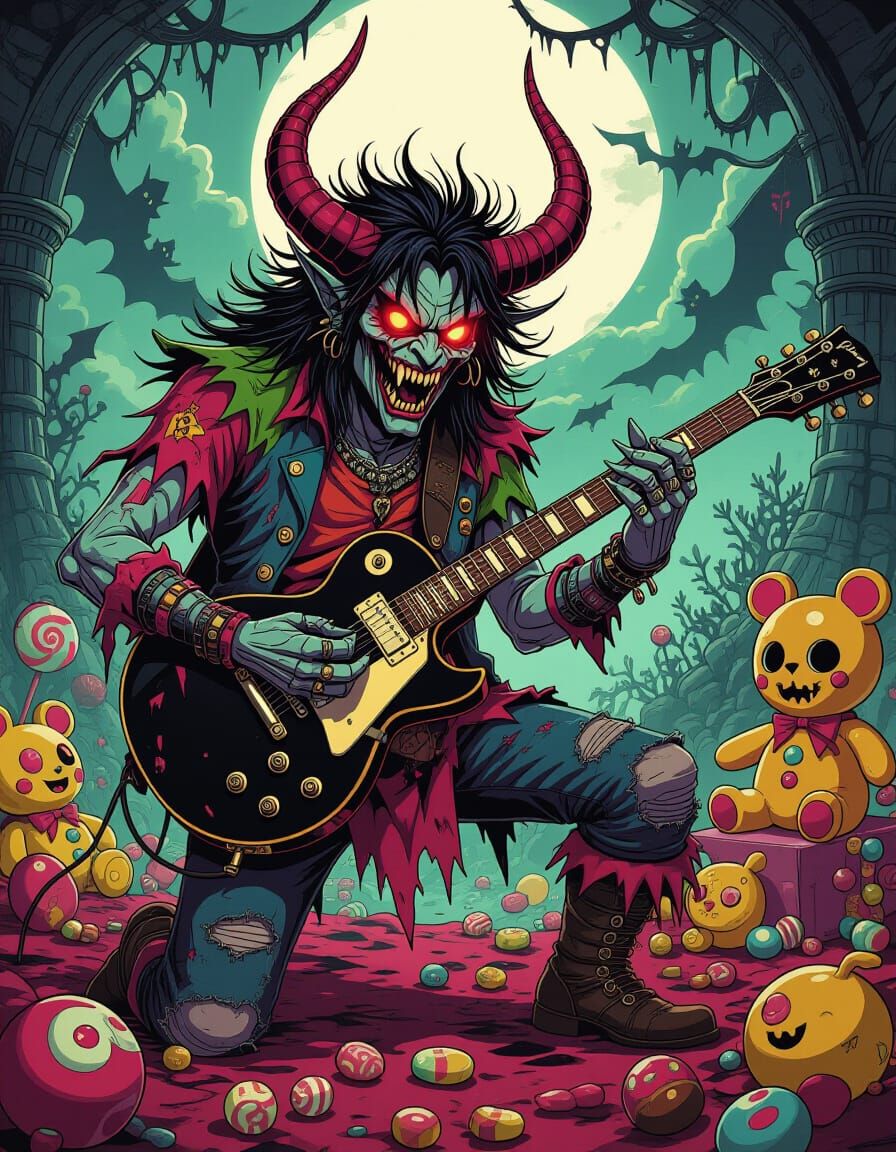 Demonic Guitarist Shreds in Dark Fantasy Manga Style