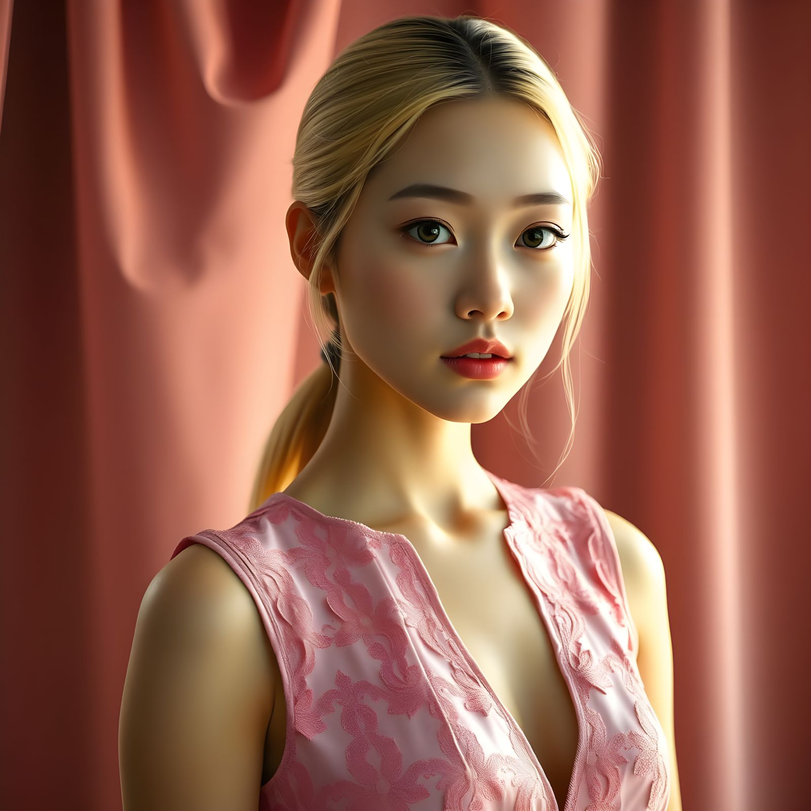 Elegant Korean-Thai Woman Portrait in Vibrant Pink Lace Dres...