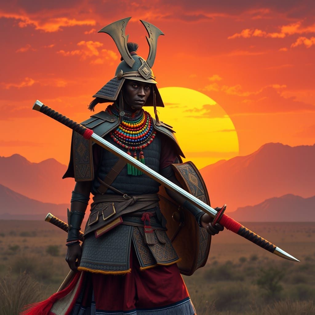 Maasai Samurai in Fiery Sunset Landscape