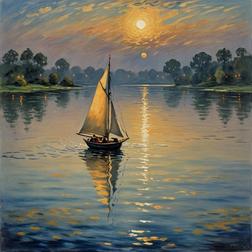 Impressionism. sailing boat , midnight, vibrant
