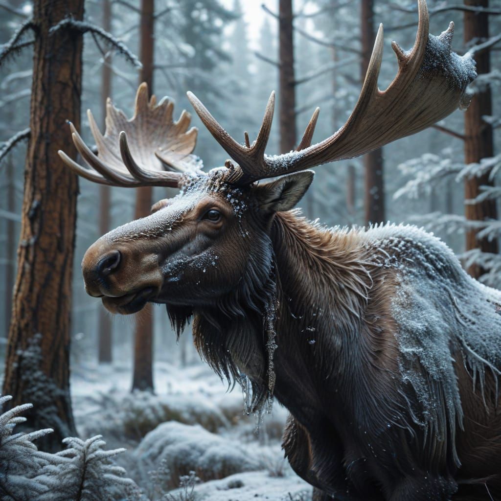 Majestic Moose in Frosty Forest, Photorealistic Style