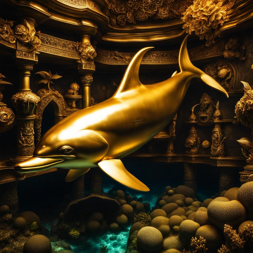 Lost Golden Dolphin Figure in Underwater Monument...