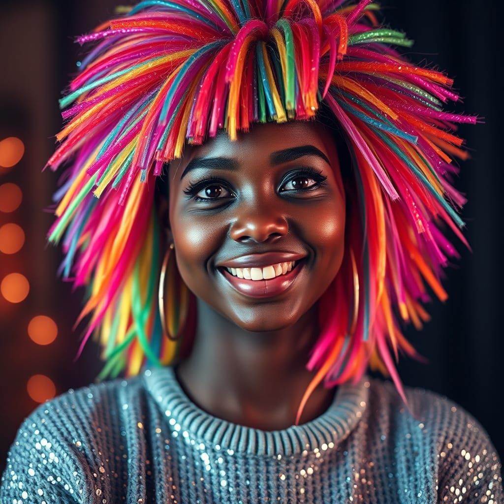 Smiling Woman in Sparkling Rainbow Party Wig
