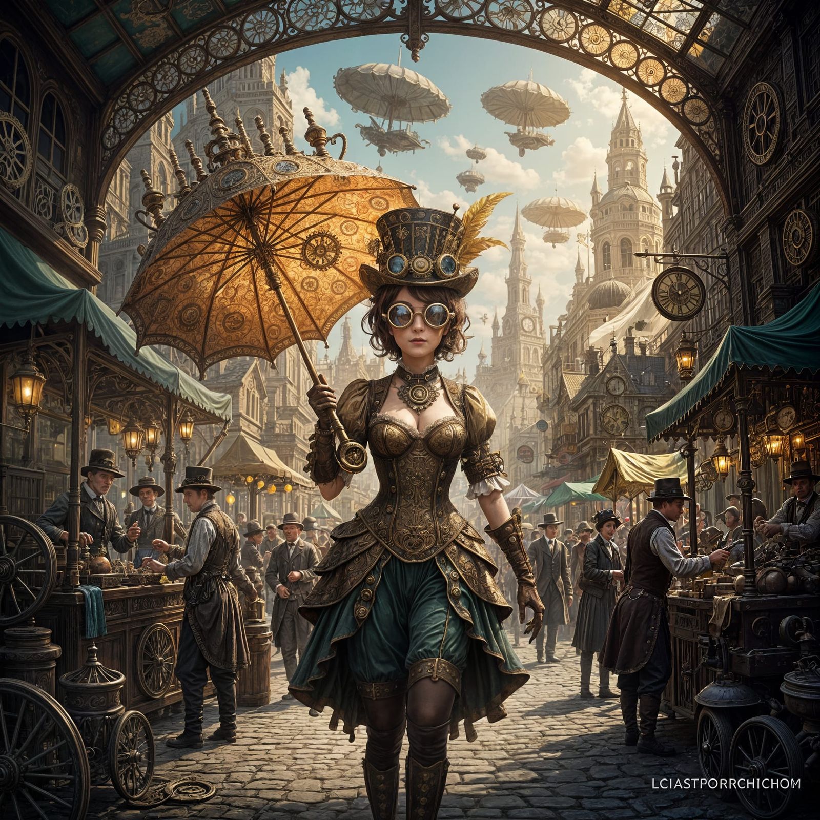 Steampunk Lady in Victorian Marketplace, Digital Art