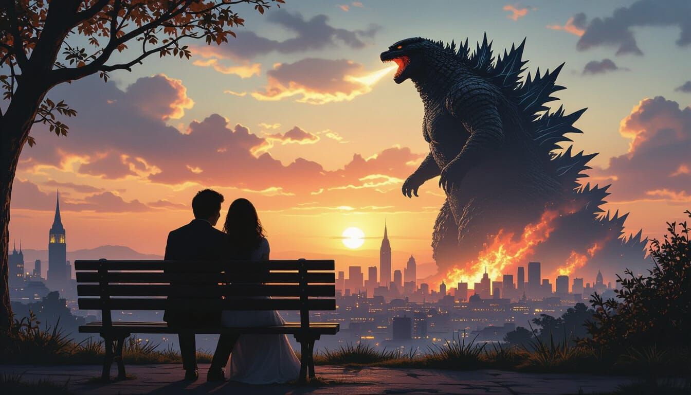 Couple Embraces Under Apocalyptic Sunset Sky