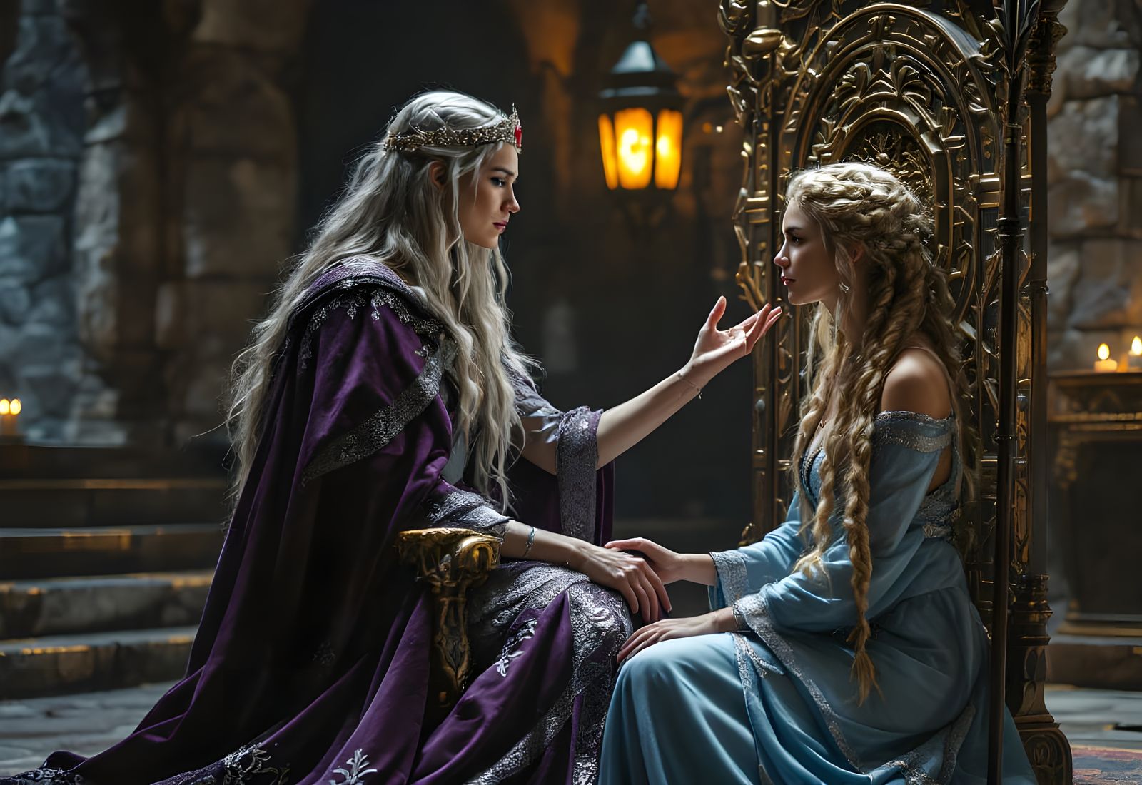 Frigg and Gná in Old Norse Hall, Oil Painting