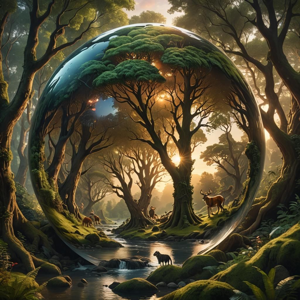 Forest Inside Glass Sphere at Sunset