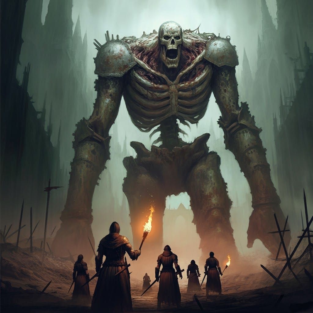 Undead Titan Roars Over Adventurers: Gothic Fantasy Art