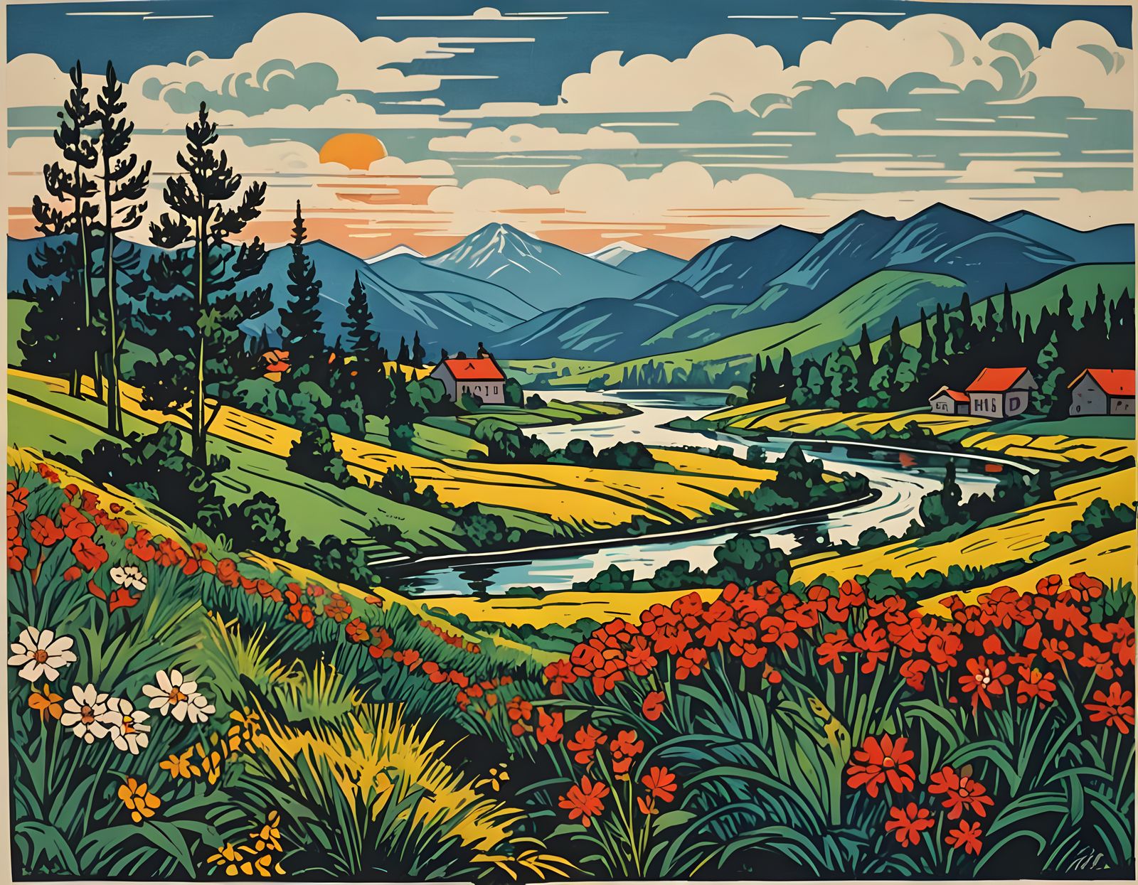Vibrant Soviet-Inspired Landscape Print