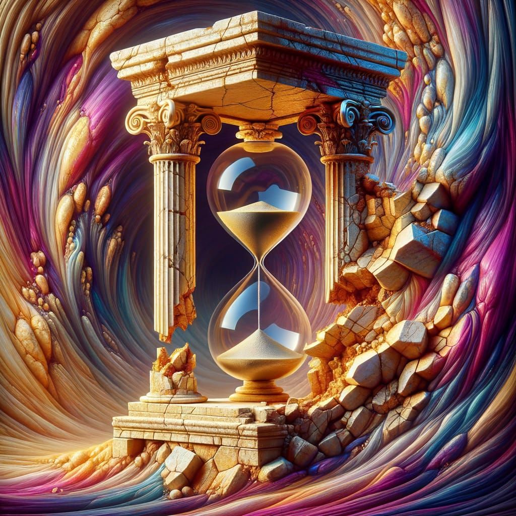 Hourglass in Shattered Column: Hyperrealistic Conceptual Art