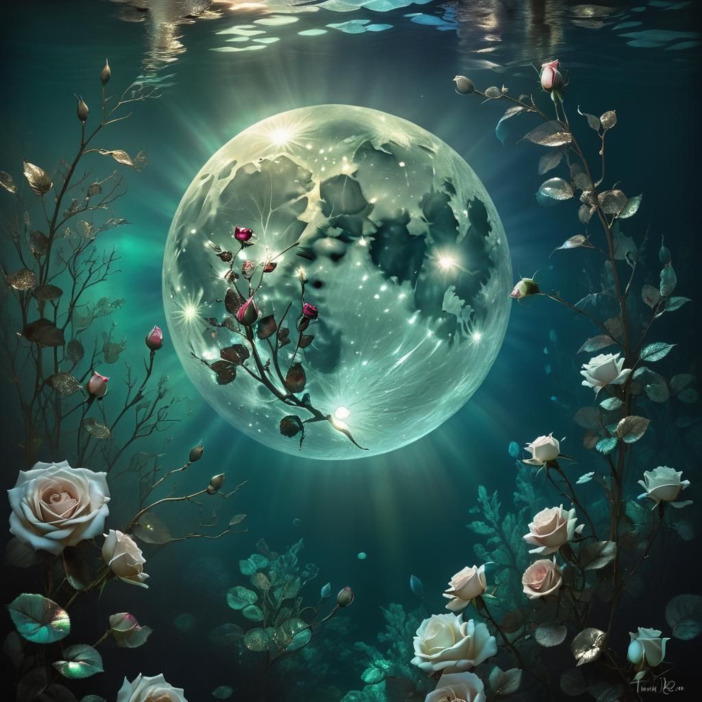 Mystical Underwater Moonlit Roses in Biopunk Style