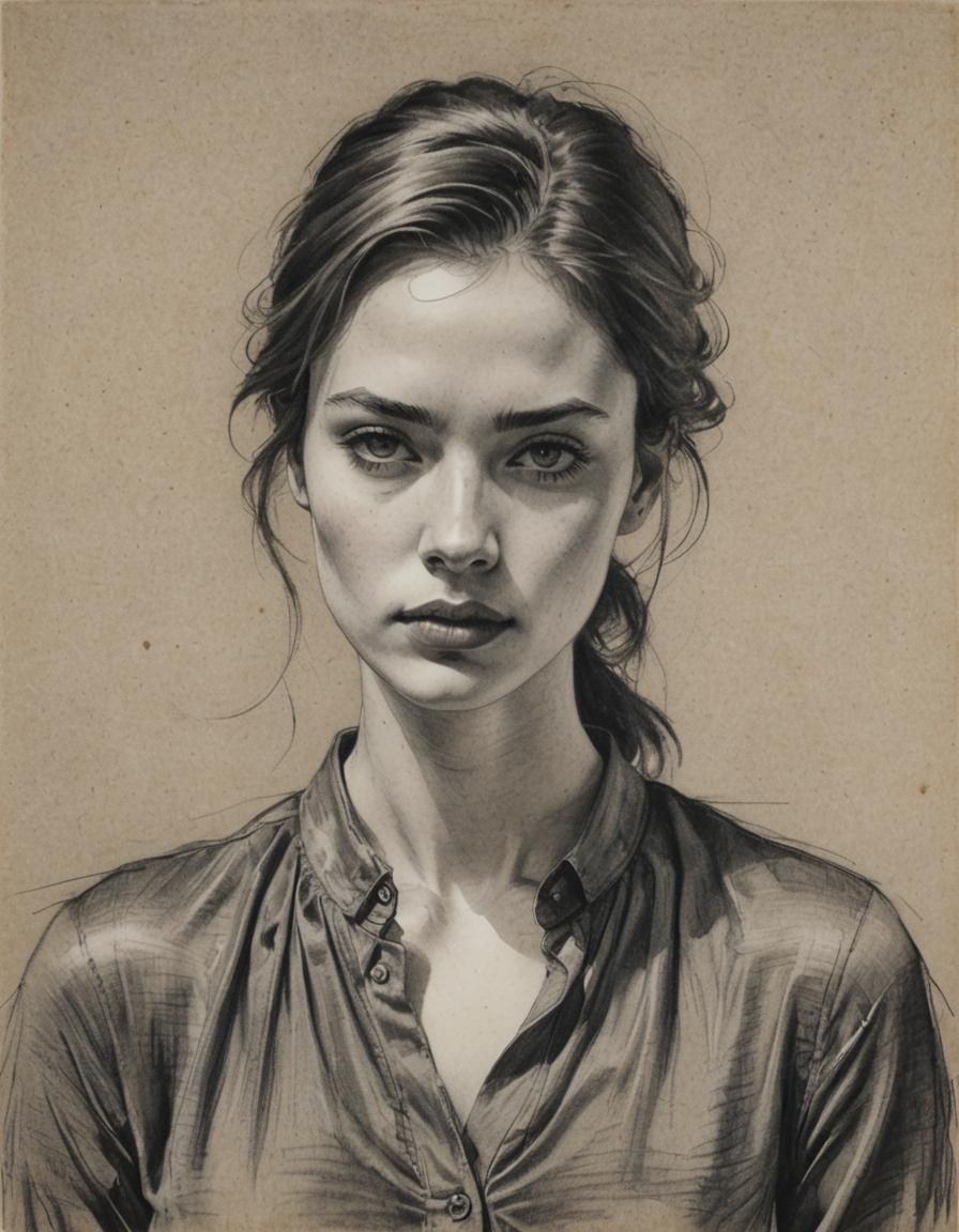 Charcoal Sketch of Expressive Young Woman
