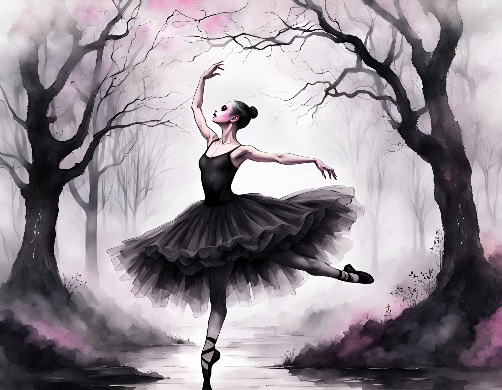 Gothic Ballerina in Gloomy Landscape: Digital Art