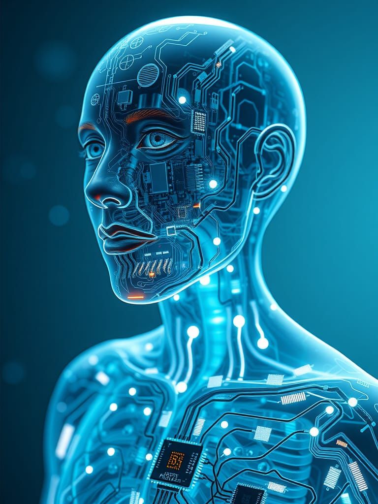 Cyborg with transparent skin revealing computer parts and li...