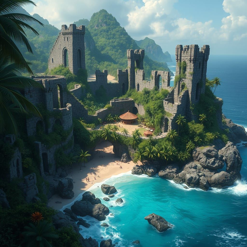 Tropical Island Castle Ruins, Digital Matte Painting