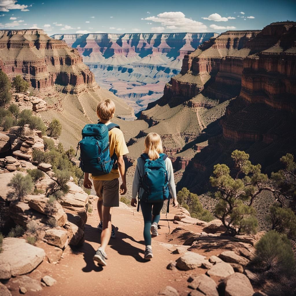 Siblings Hike the Grand Canyon: Cinematic Film Still