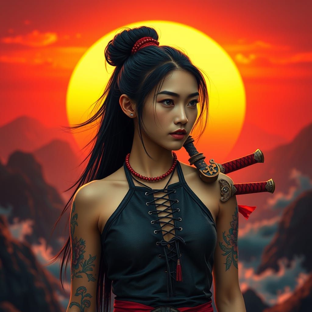 Serenely Powerful Mongolian Warrior in Sunset Landscape