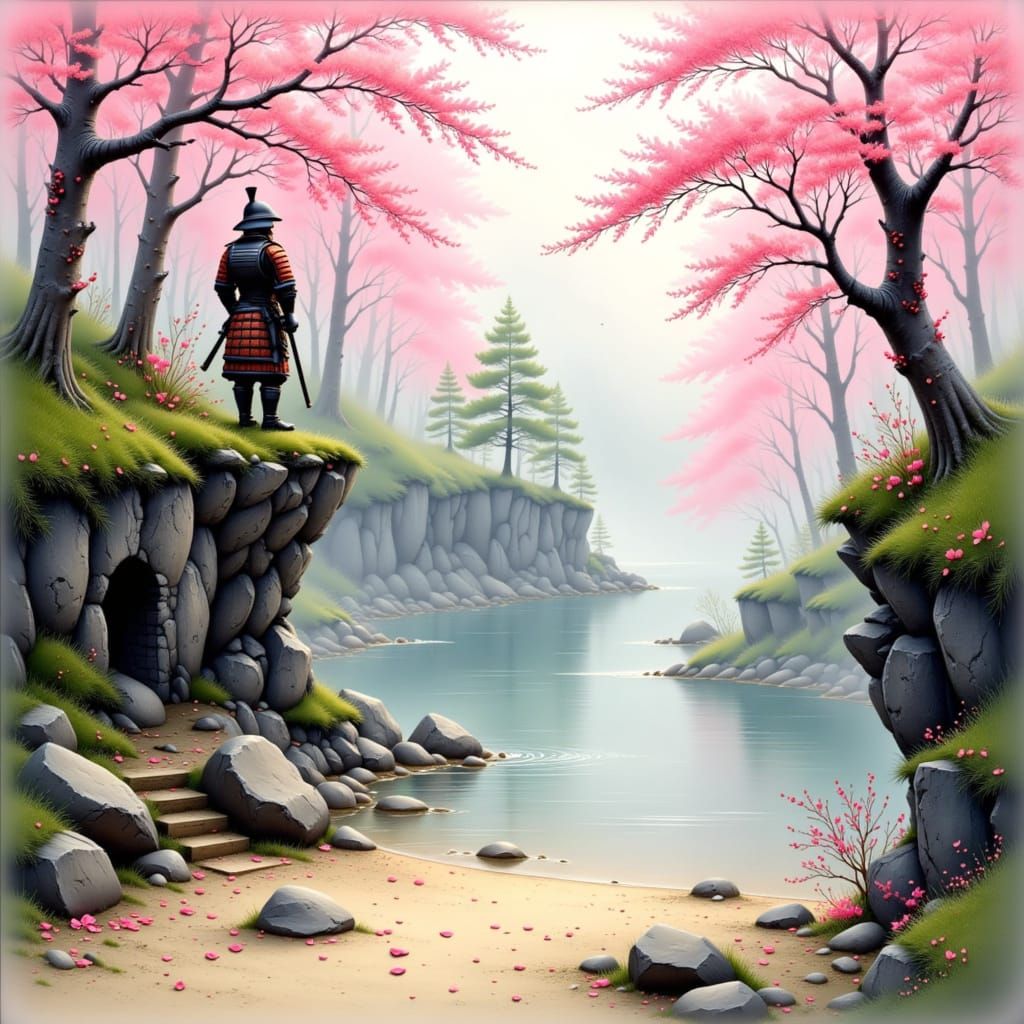 Samurai Contemplation in Zen Garden: Japanese Art Style