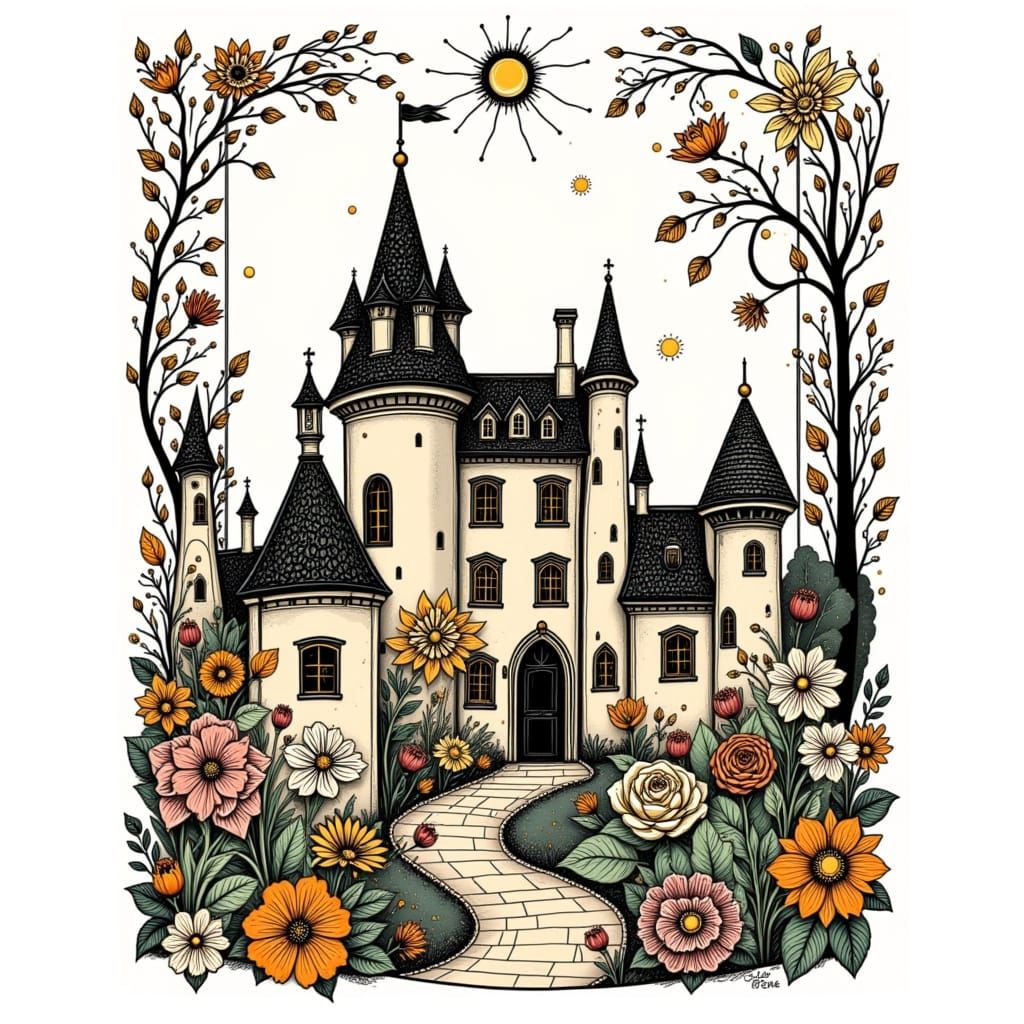 Medieval Village in Ornate Floral Frame