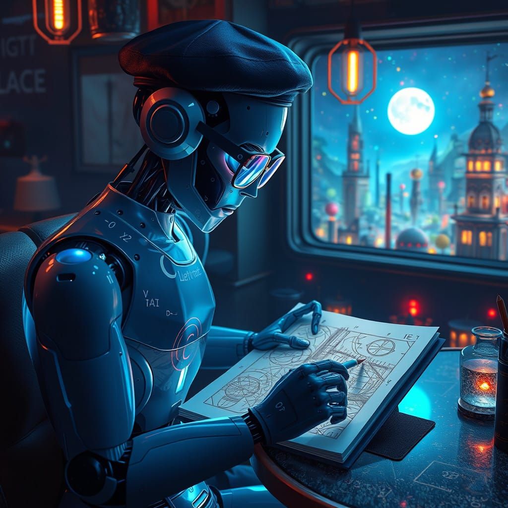 Enchanted Robot Sketches Futuristic Scene in Soft Blue Light