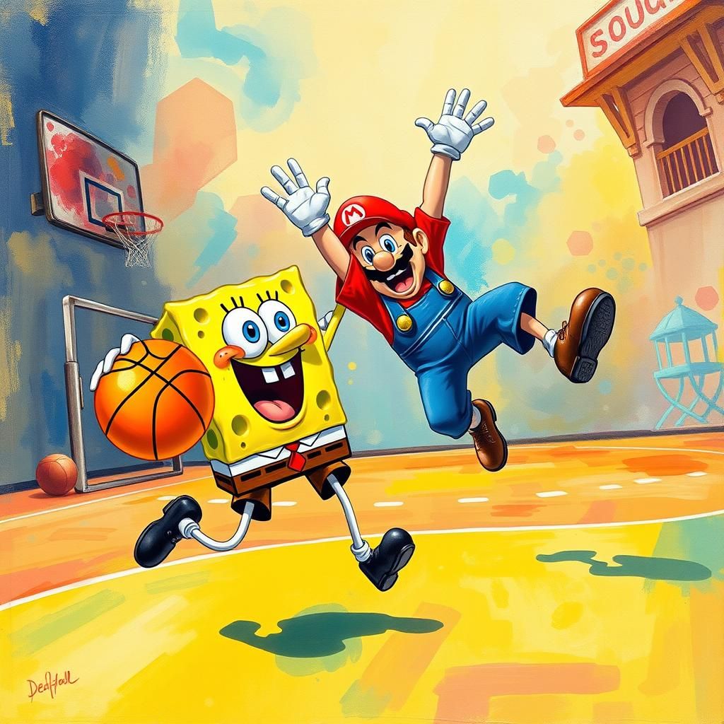 SpongeBob and Mario in Pop Art Storybook Style