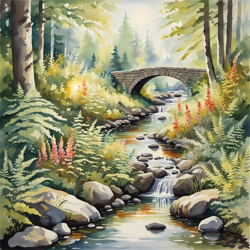 Sunlit Brook: A Watercolour Forest Landscape