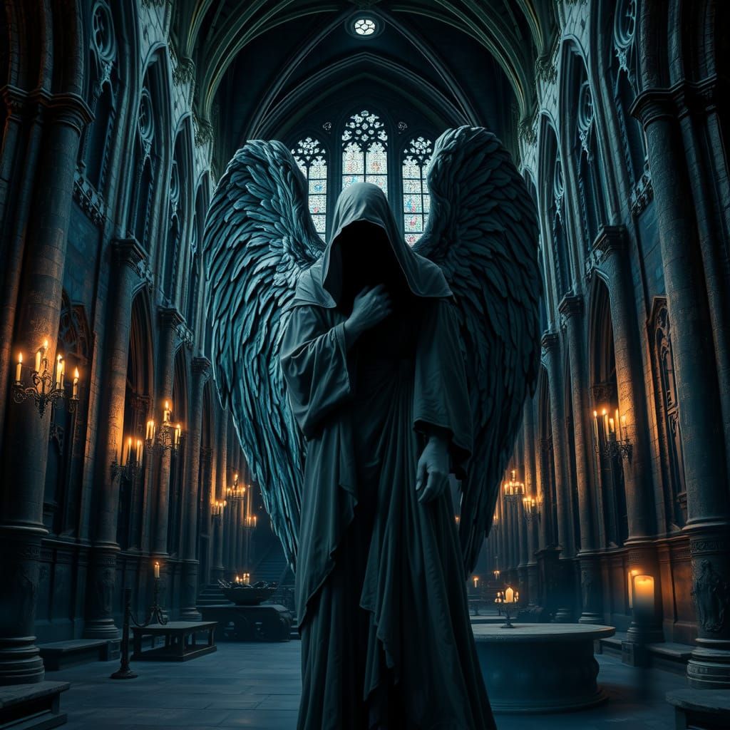 Ethereal Gothic Angel Amidst Ancient Cathedral Ruins