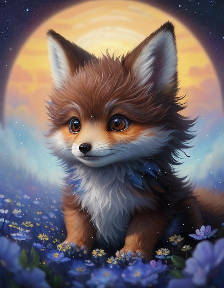 Fluffy Fantasy Fox Cub Playing in Flower Rain