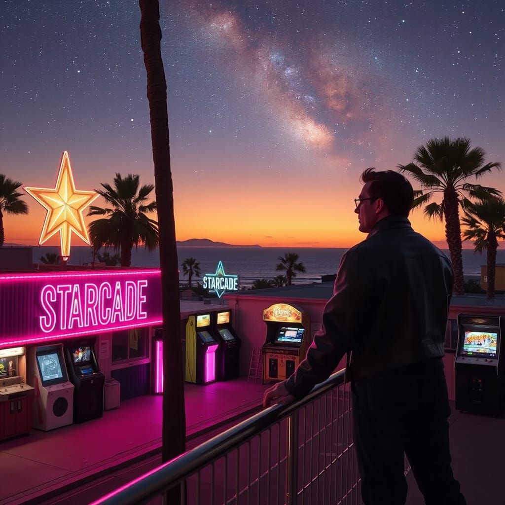 Neon Arcade at Sunset in Cyberpunk Style