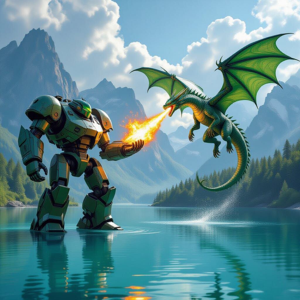 Robot Battles Dragon Over Crystal Lake in Cinematic Style