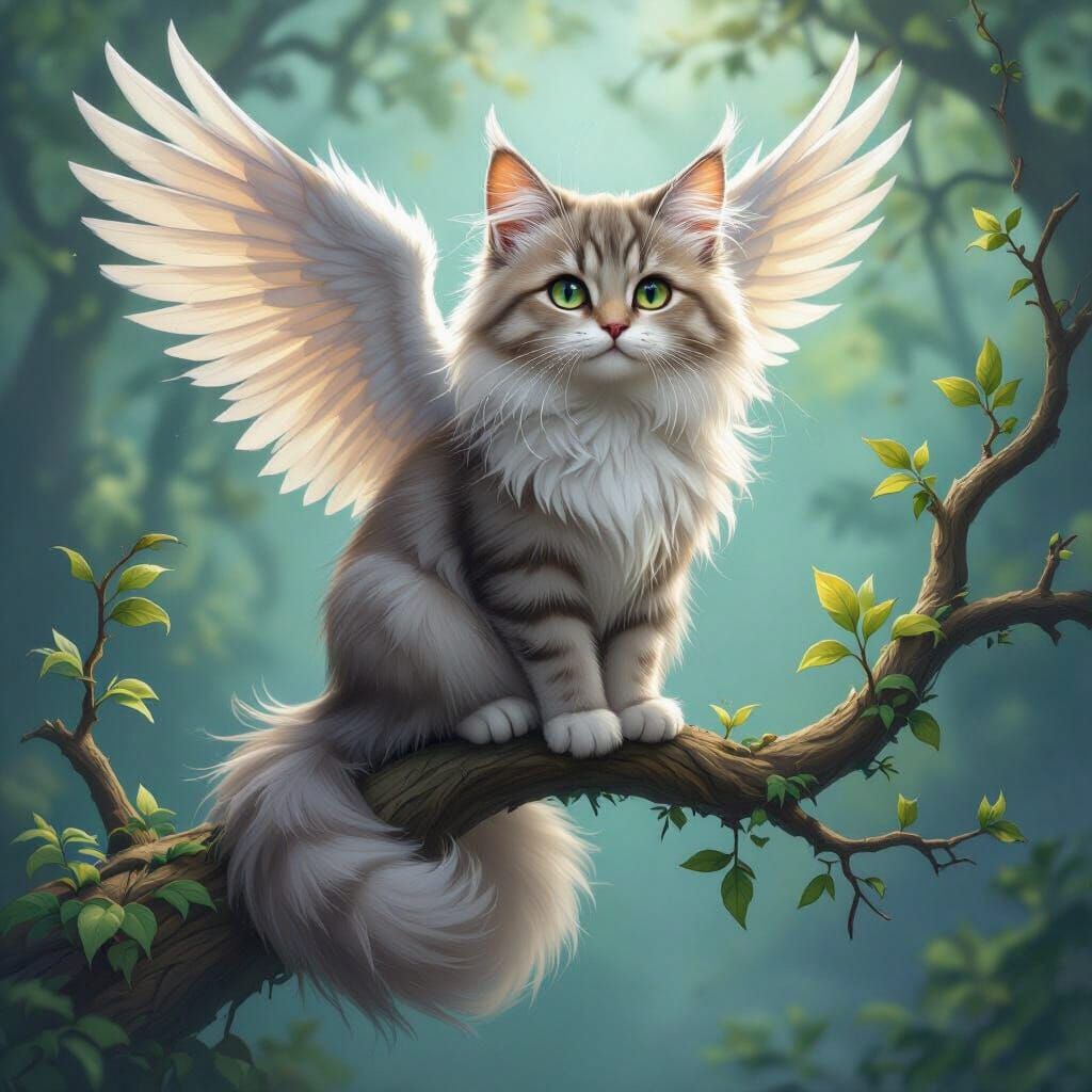 Tabby Tressym with Feathery Wings in Fantasy Setting