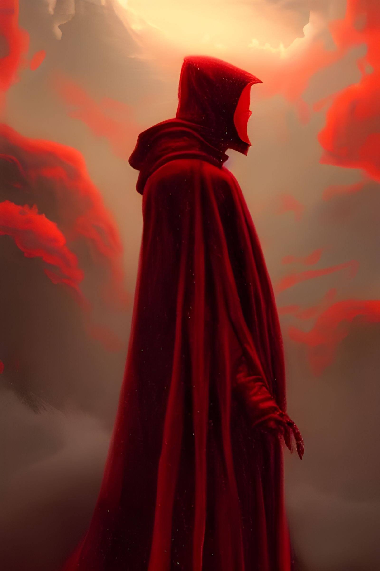 Figure in Red Cloak Amidst Stormy Clouds