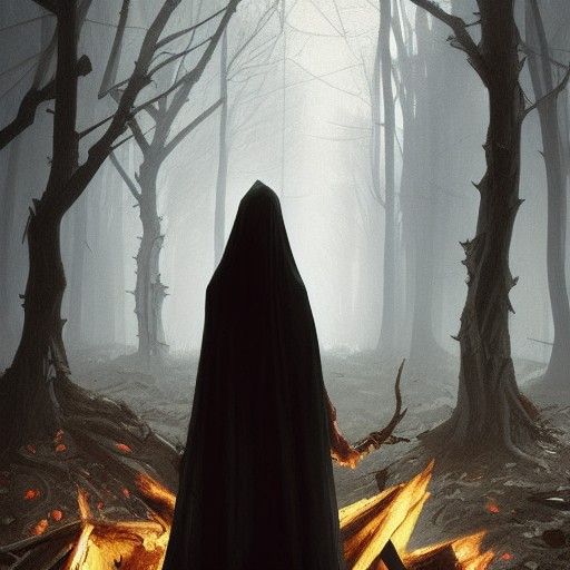 Sinister Figures Around Bonfire in Dark Forest