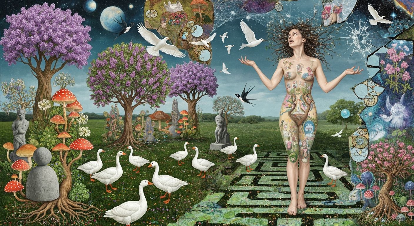 Goddess of Life Amidst Cosmic Surrealism and Nature