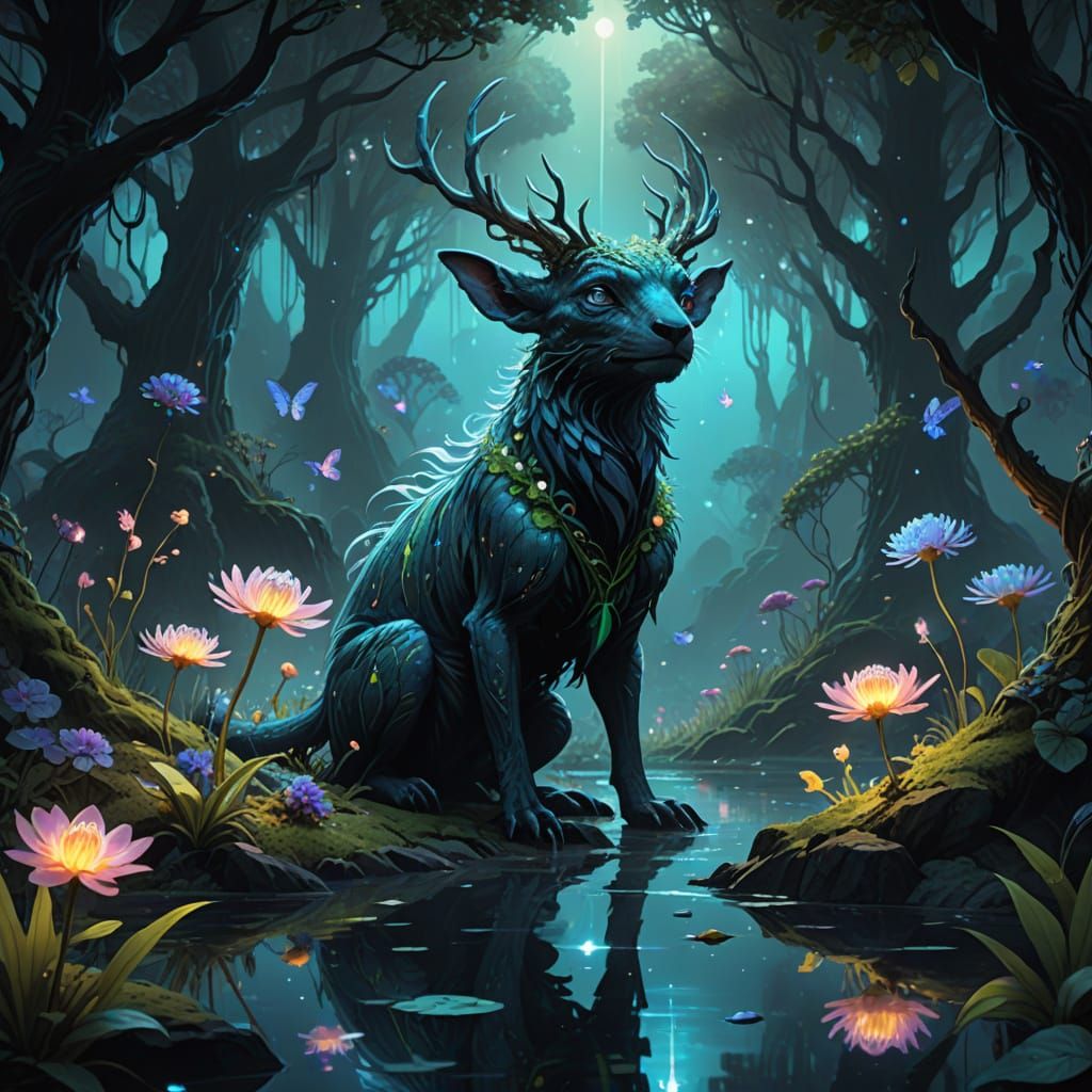 Ethereal Fantasy Creatures and Bioluminescent Flora on Float...