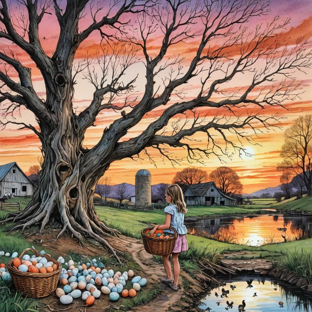 Twisted Tree in Vibrant Sunset Landscape