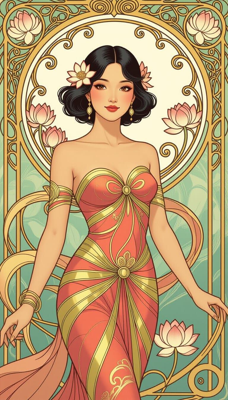 Thai Muse in Art Nouveau Floral Setting