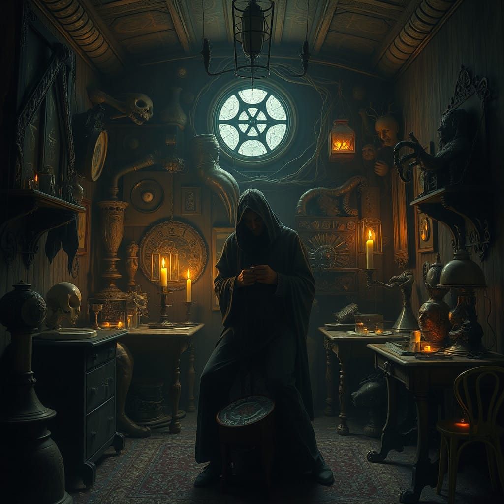 Mystical Figure in a Dreamlike Steampunk Sanctuary