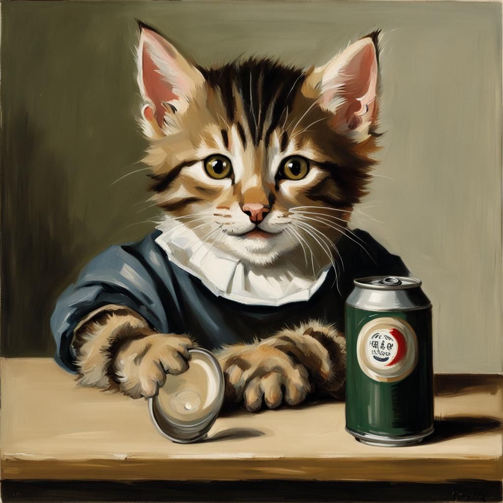 kitten drinking beer from a can