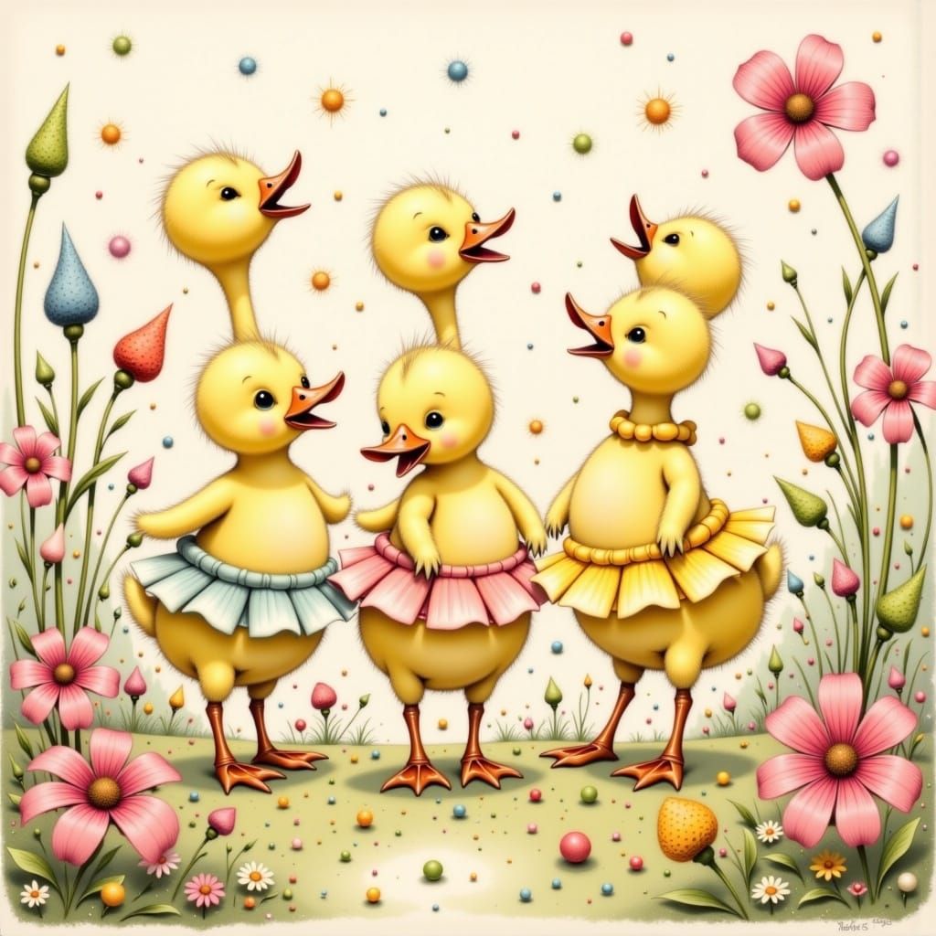 Ducklings Dancing in Tutus, Whimsical Illustration