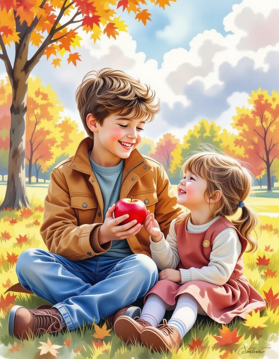 Boy Shares Apple with Girl in Autumn Park Watercolor Portrai...