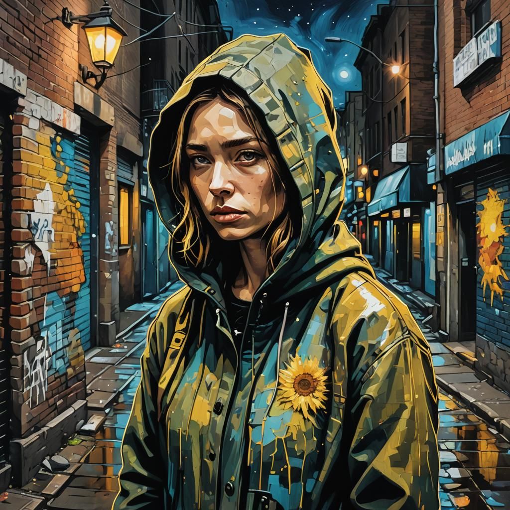 Melancholic Woman in Alleyway: Van Gogh-Inspired Street Art