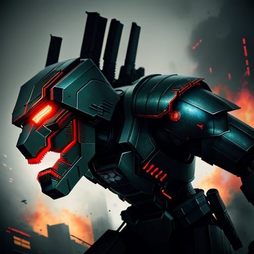 Futuristic Warrior in Metallic Armor, Amidst Neon-Lit Battle