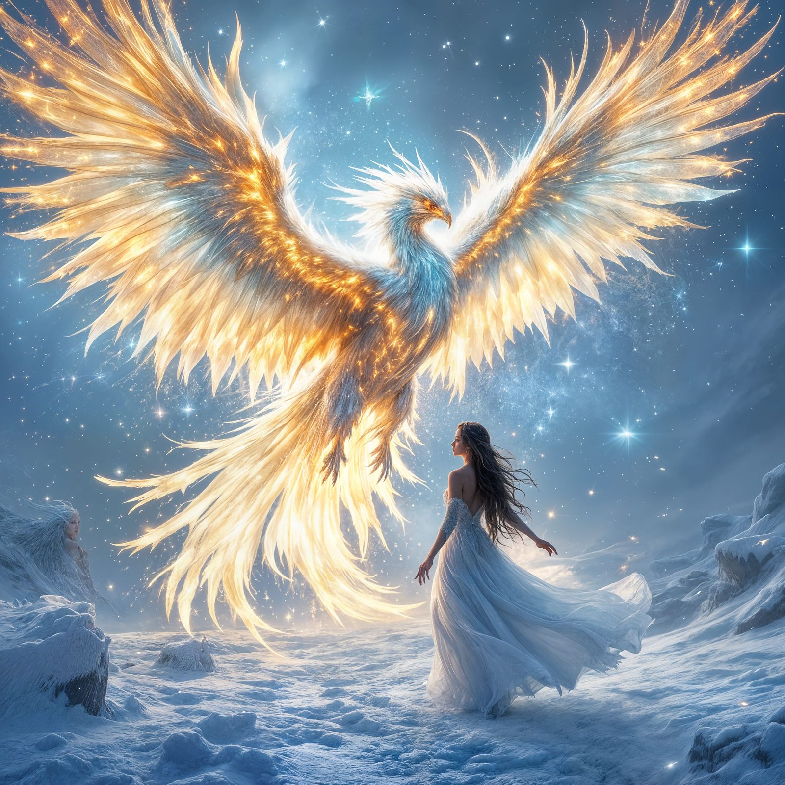 Majestic Icebird with Ice Queen in Frozen Landscape