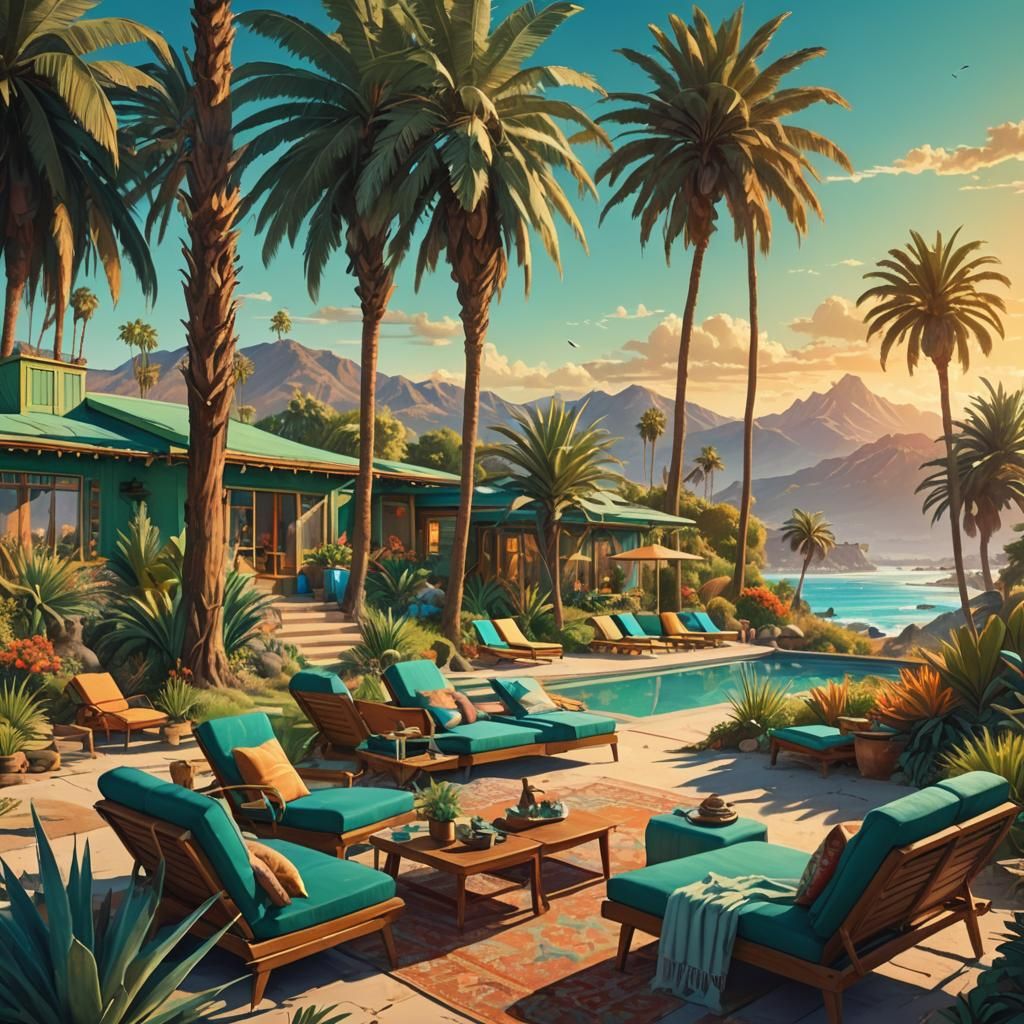 Beach Villa Matte Painting in Retro Fantasy Style