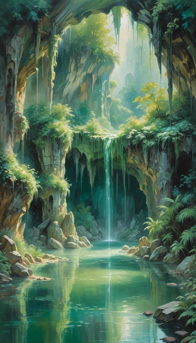 Ethereal Cave Landscape Painting in Impressionist Style