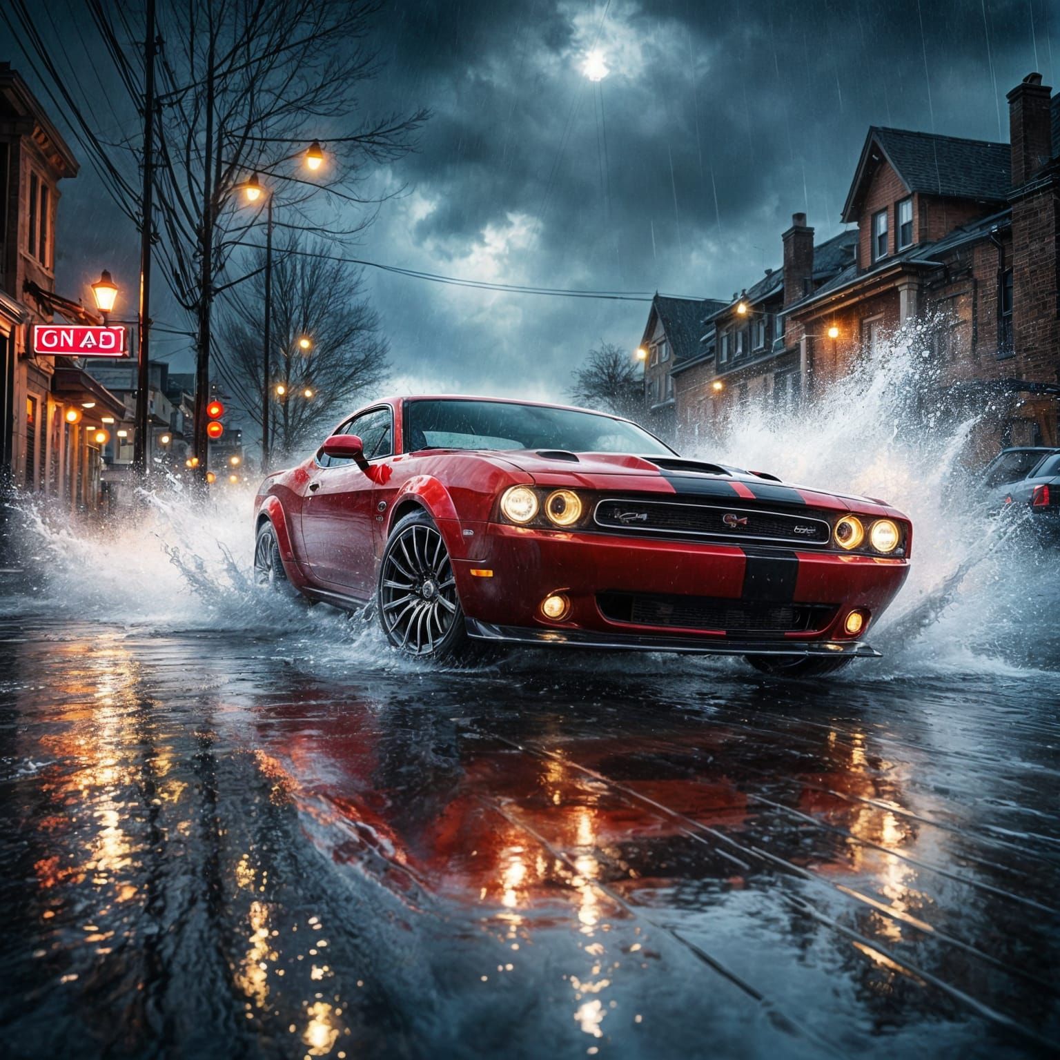 Muscle Car Speeds Through Rainstorm, Splashing Water